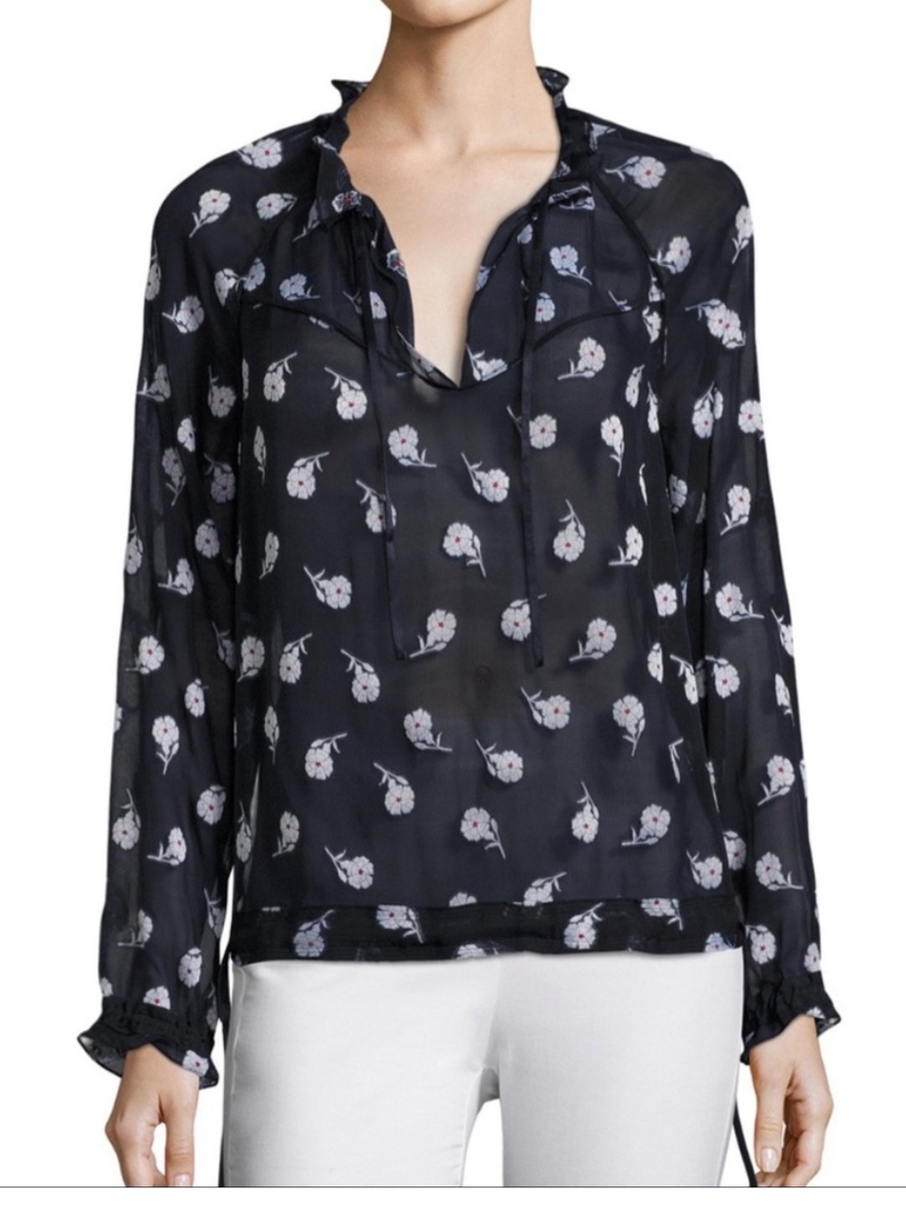 rag & bone The Bennet silk Black Sheer Floral Tie-Neck Blouse